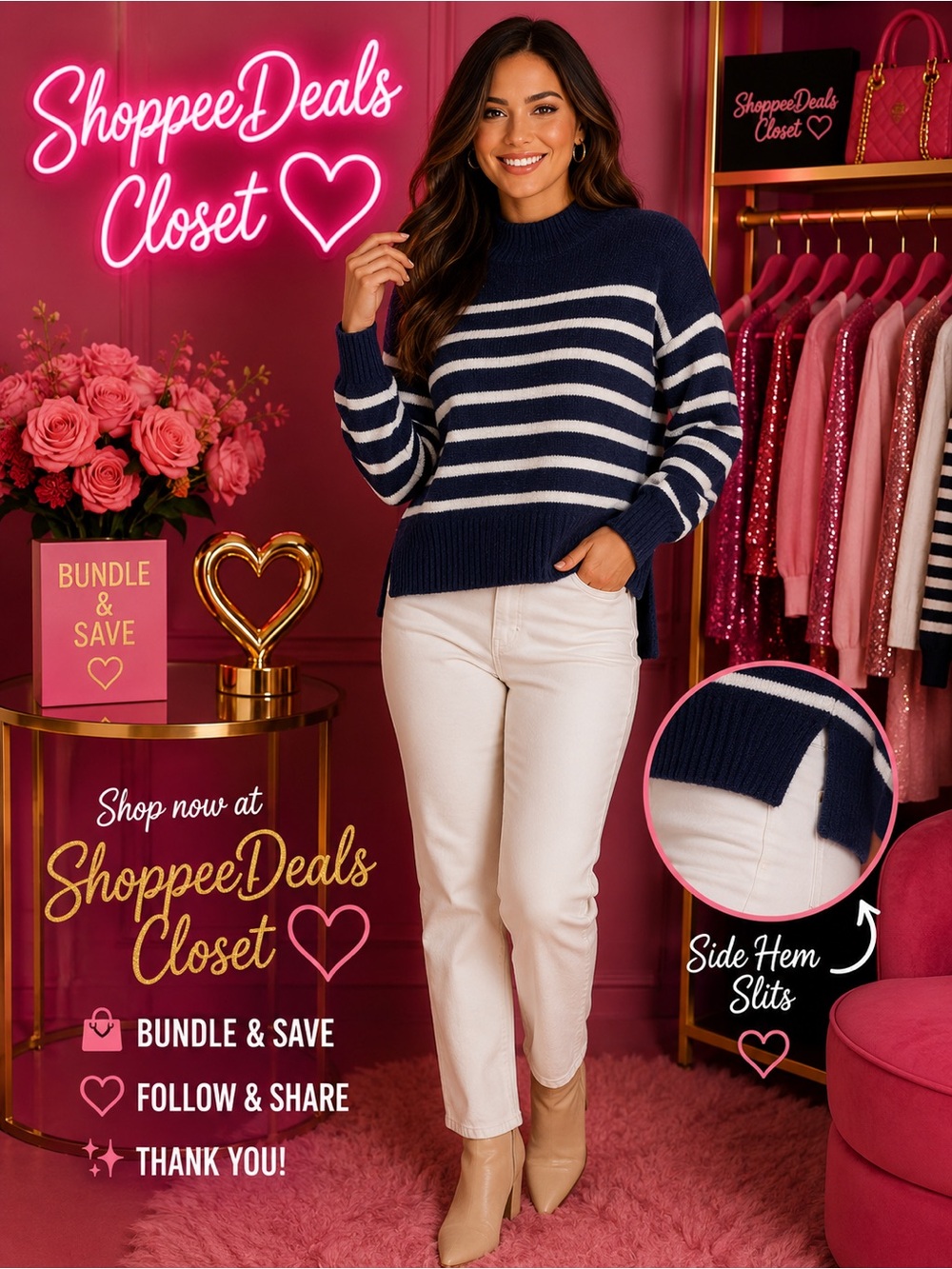 COCO & SHAY Navy & Ivory Striped Mock Neck Sweater – Size M